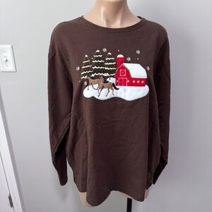 Pleasant Shade Winter Christmas Shirt Horse Barn Snow XL Brown
